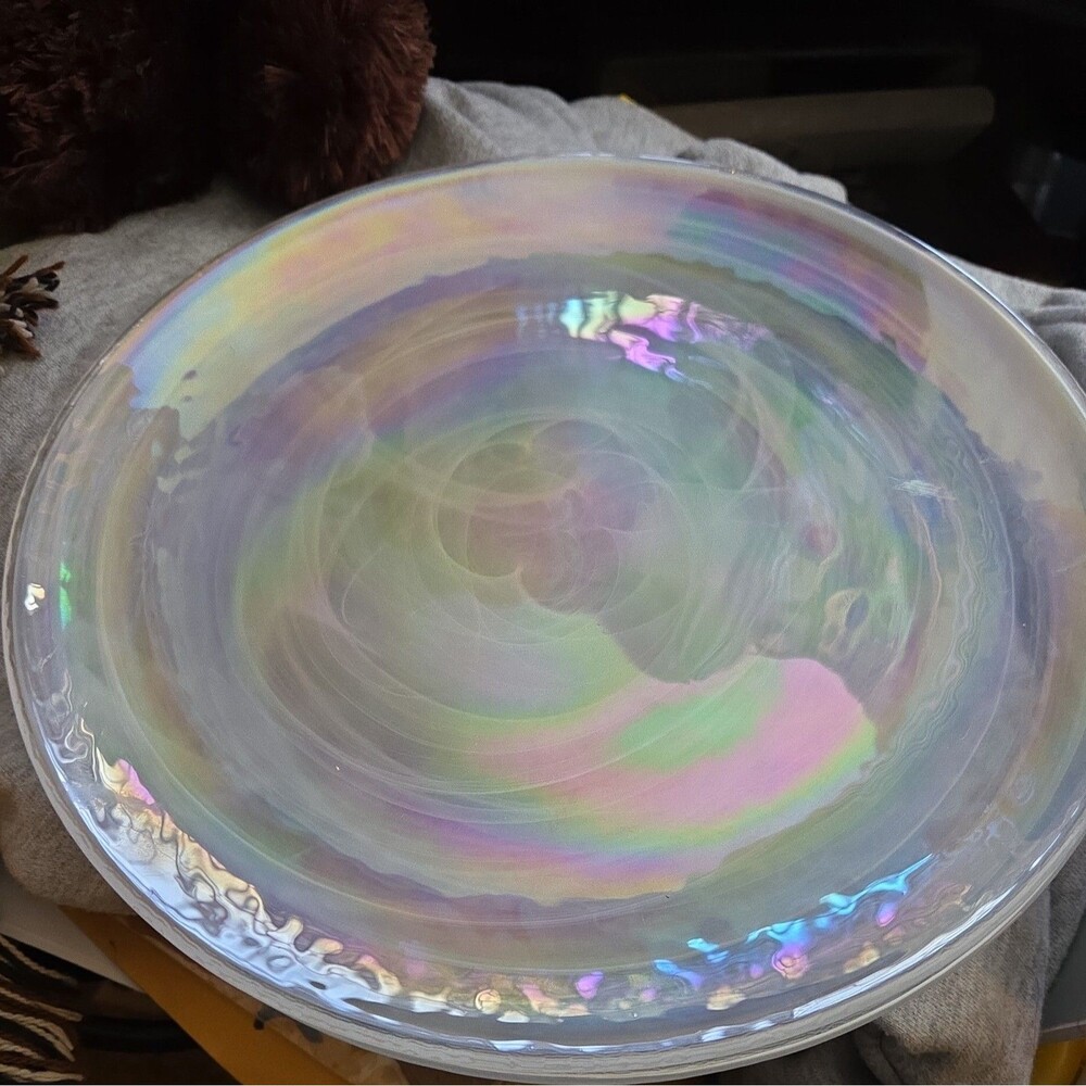 Art Glass Iridescent Plate Lot Of 2 Artistic Accents Opal Pearly White Swirl 11"